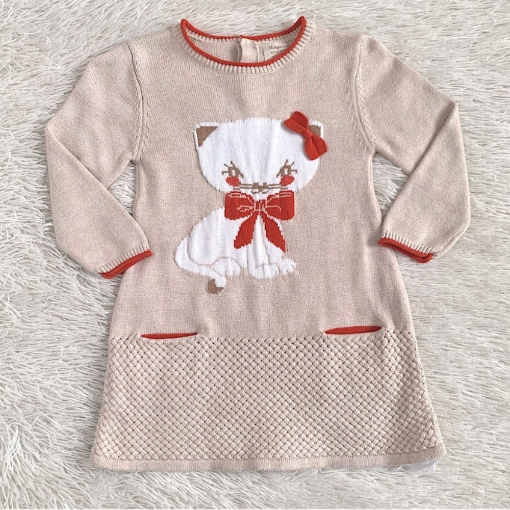 Mayoral Beige Knit Sweater Dress Kitten and Bow•EUC